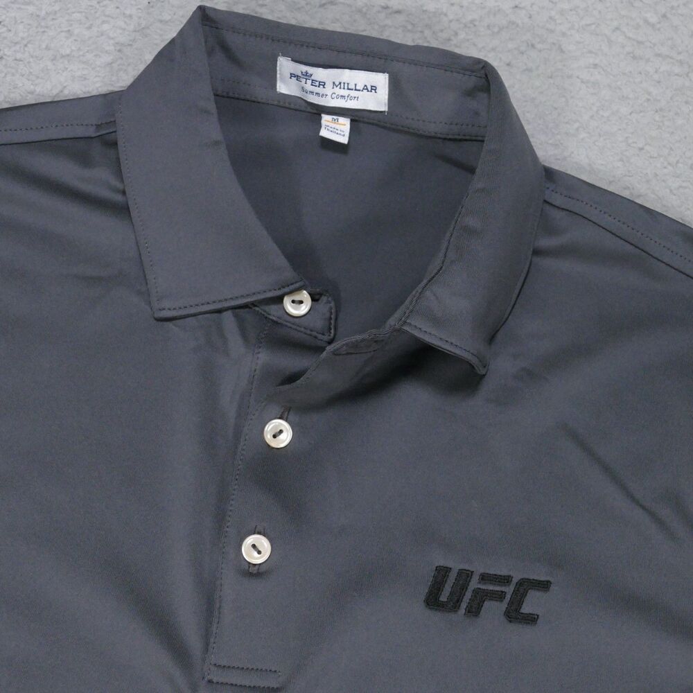 Peter Millar Summer Comfort Polo Shirt Mens Medium Gray UFC logo Short Sleeve